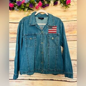 Denim & Co Women’s Vintage Patriotic Embroidered Flag Button Up Denim Shirt Sz L